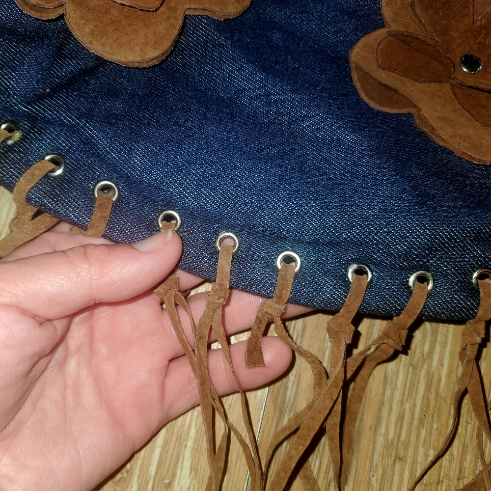 Denim Fringe Shoulder Bag with Brown Suede Flowers - Picture 2 of 7